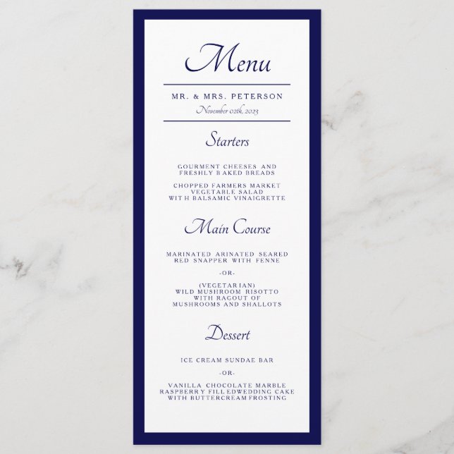 Classic Minimal Nautical Navy Blue Wedding Dinner  Menu (Front)