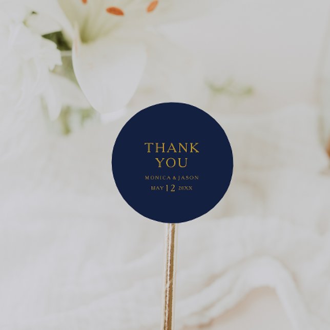 Classic Minimal Navy Blue Gold Thank You Wedding Round Sticker (Creator Uploaded)