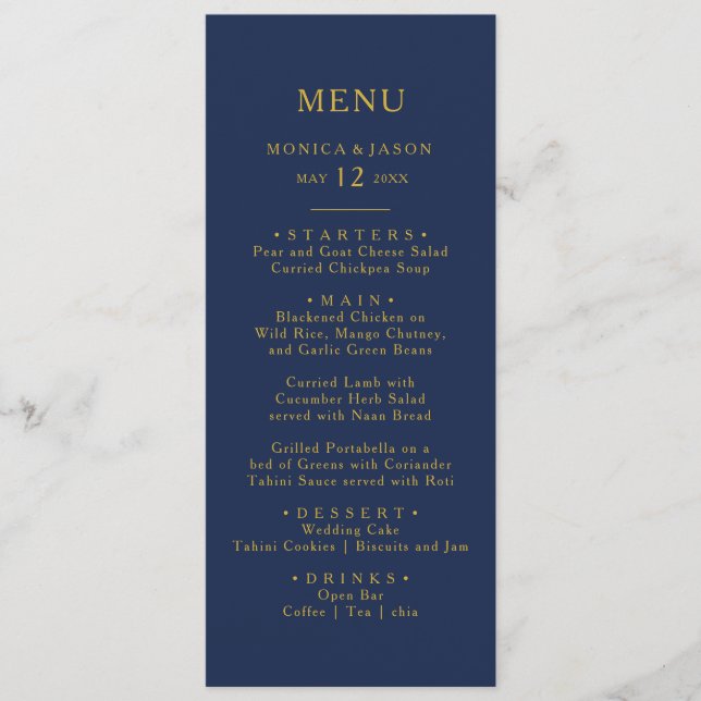 Classic Minimal Navy Blue Gold Wedding Dinner Menu (Front)