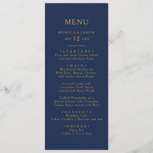 Classic Minimal Navy Blue Gold Wedding Dinner Menu