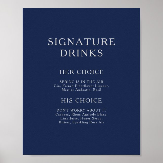 Classic Minimal Navy Blue Silver Signature Drinks Poster (Front)