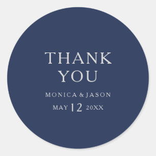Classic Minimal Navy Blue Silver Thank You Wedding Round Sticker