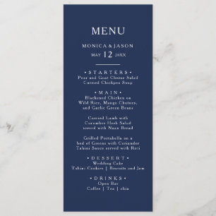 Classic Minimal Navy Blue   Silver Wedding Dinner Menu