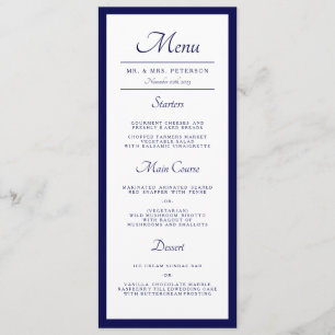 Classic Minimal Navy Blue Wedding Dinner  Menu