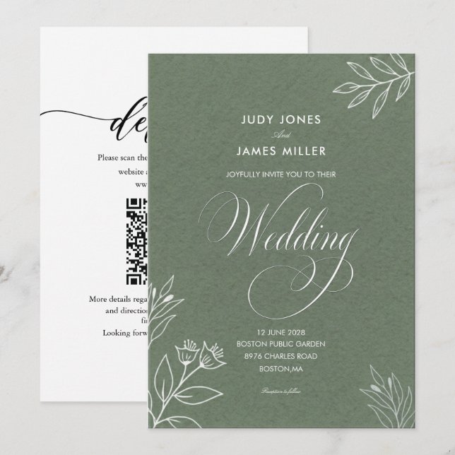 classic minimal simple rustic sage green wedding   invitation (Front/Back)