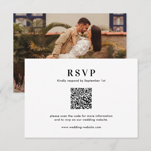 Classic Minimal Typography QR Code Photo Wedding RSVP Card (Front/Back)