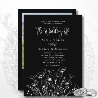 Classic Minimal White Wildflower Black Wedding  Invitation