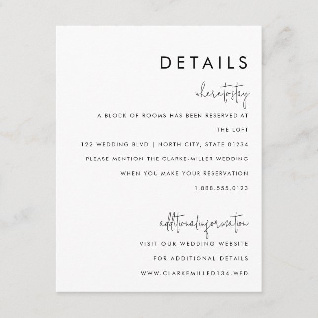 Classic Minimalist Black and White Wedding Detail Enclosure Card (Front)