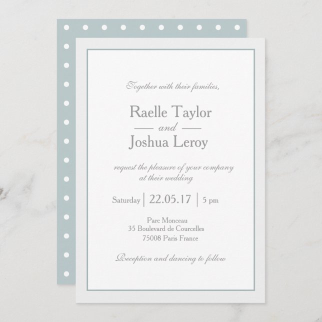 Classic minimalist blue grey polka dots wedding invitation (Front/Back)