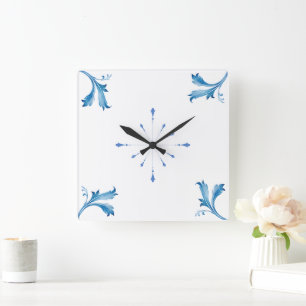 Classic Minimalist Blue Tile Leaf Ornaments Square Wall Clock