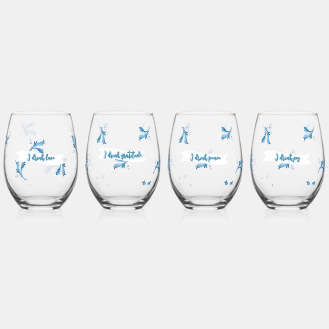 Classic Minimalist Blue Tile Leaf Ornaments Stemless Wine Glass (Front)