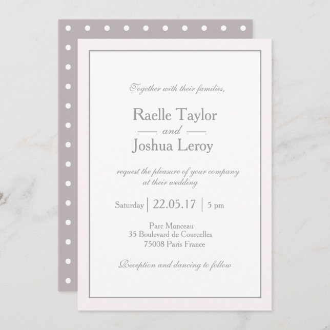 Classic minimalist blush pink white grey wedding invitation (Front/Back)