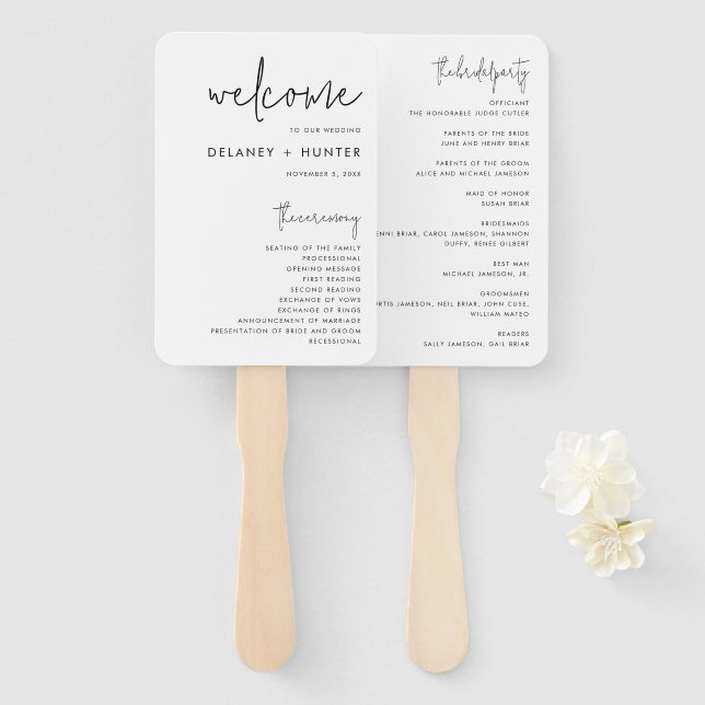 Classic Minimalist Editable Wedding Paper Program Hand Fan (Front and Back)