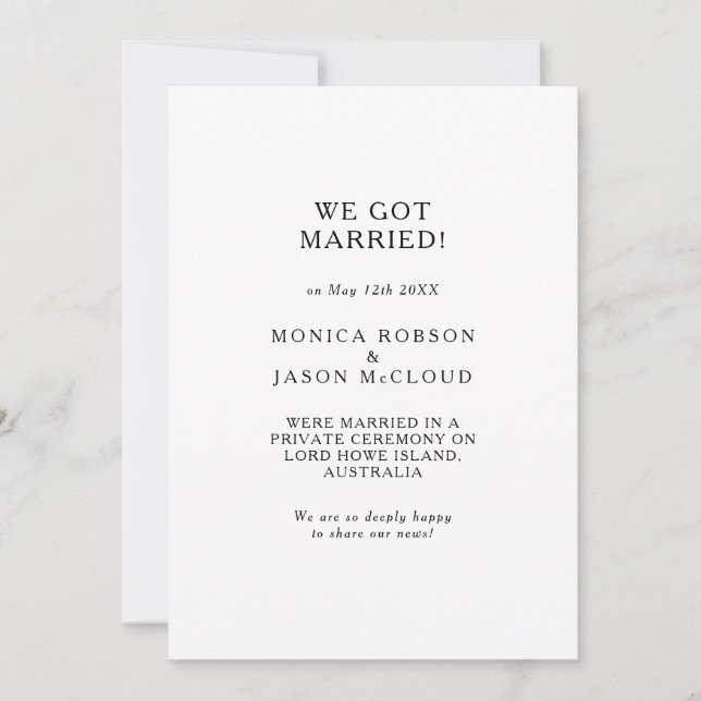 Classic Minimalist Elopement Announcement (Front)