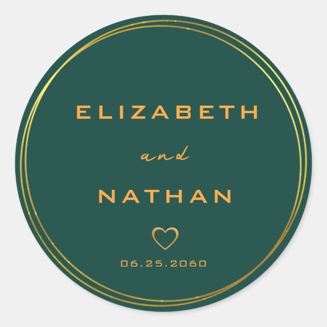 Classic Minimalist Emerald Green & Gold Wedding Round Sticker (Front)