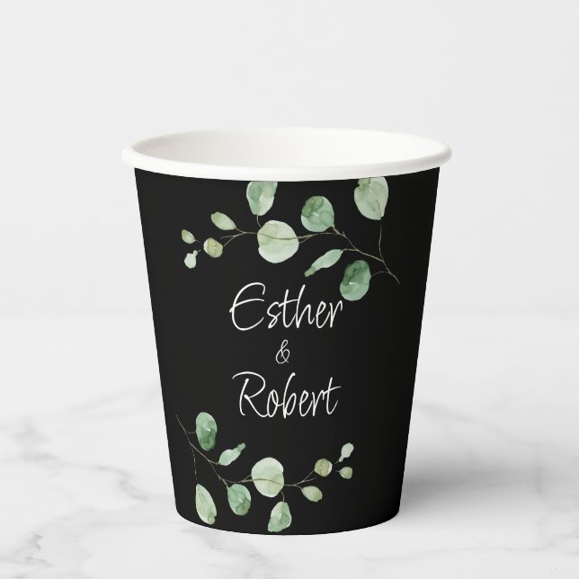Classic Minimalist Eucalyptus Black Wedding   Paper Cups (Front)