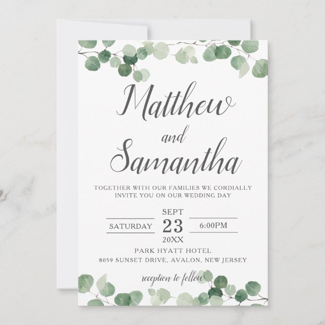 Classic Minimalist Eucalyptus Greenery Wedding  Invitation (Front)