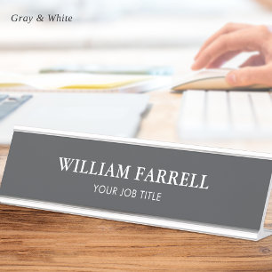Classic Minimalist Executive Grey White Desk Name Plate