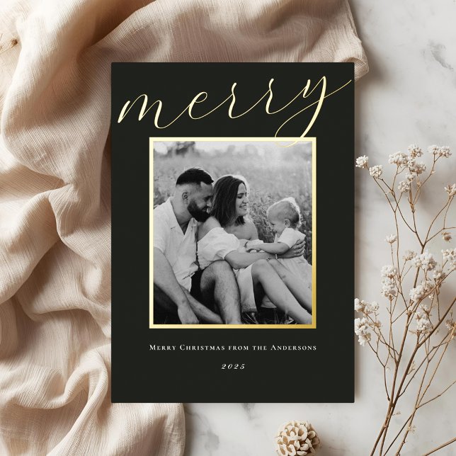 Classic Minimalist Gold Frame Family Photo Foil Holiday Card (Creator Uploaded)