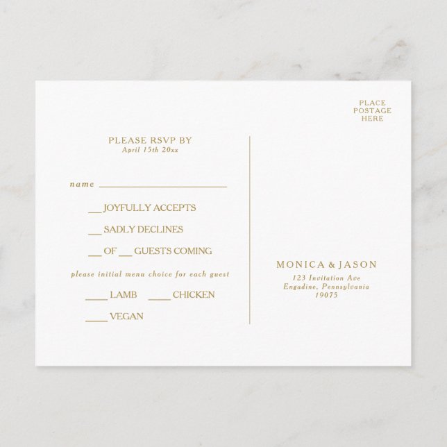 Classic Minimalist Gold Menu Choice RSVP Card (Back)