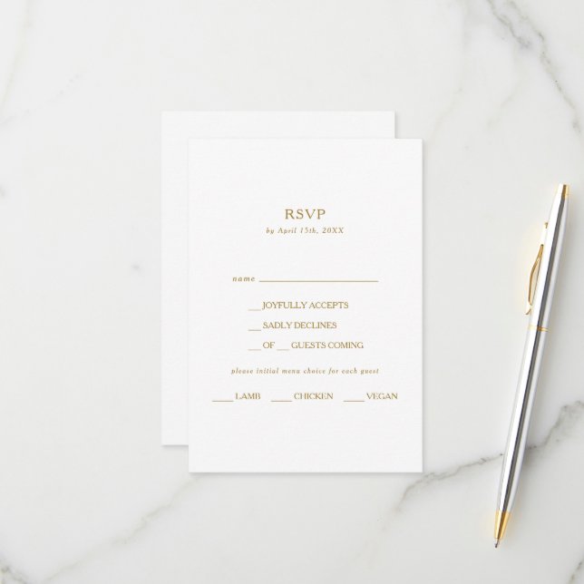 Classic Minimalist Gold Menu Choice RSVP Card (Front/Back In Situ)