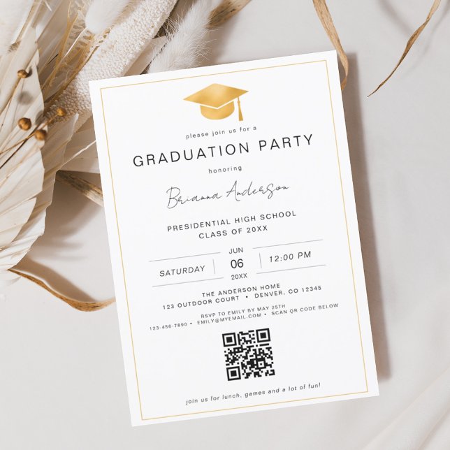 Classic Minimalist Gold QR Code Graduation Party Invitation (Creator Uploaded)