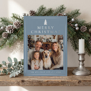 Classic Minimalist Merry Christmas Photo - Blue Foil Holiday Card