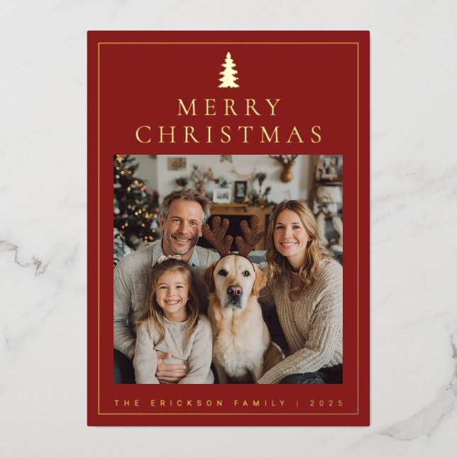 Classic Minimalist Merry Christmas Photo Foil Holiday Card (Front)