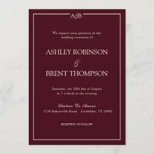 Classic Minimalist Monogram Burgundy and Ivory Invitation