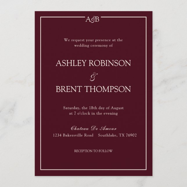 Classic Minimalist Monogram Burgundy and Ivory  Invitation (Front)