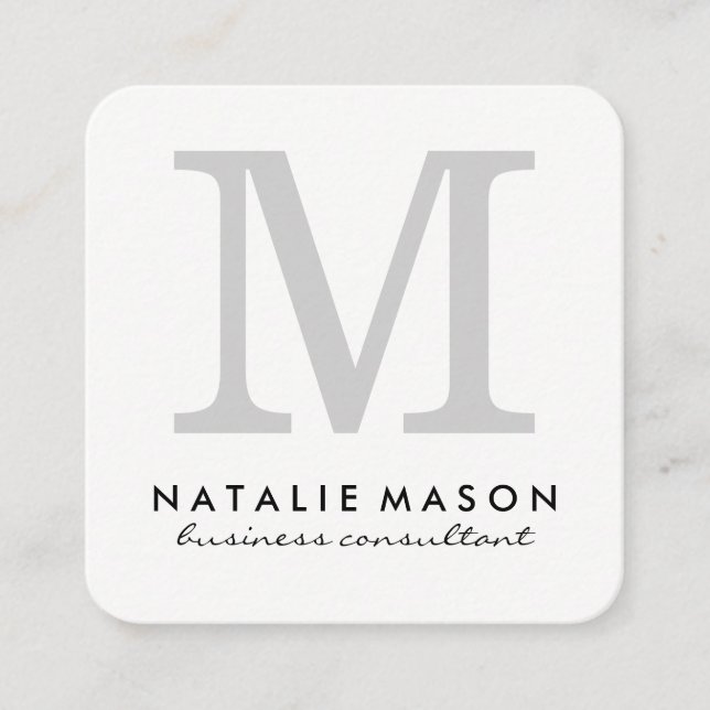 Classic Minimalist Monogram Grey on White Square Business Card (Front)