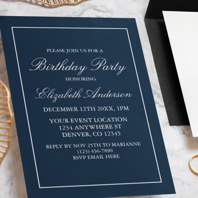 Classic Minimalist Navy Blue Birthday Invitation (Creator Uploaded)