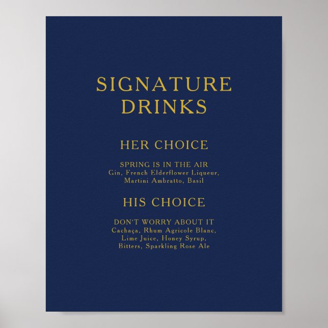 Classic Minimalist Navy Blue Gold Signature Drinks Poster (Front)