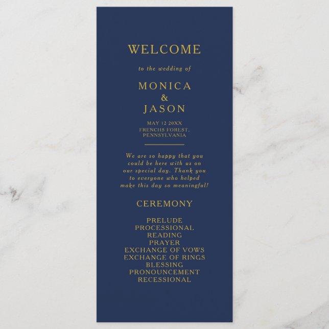 Classic Minimalist Navy Blue | Gold Wedding Programme (Front)