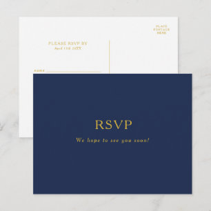 Classic Minimalist Navy Blue   Gold Wedding RSVP Postcard