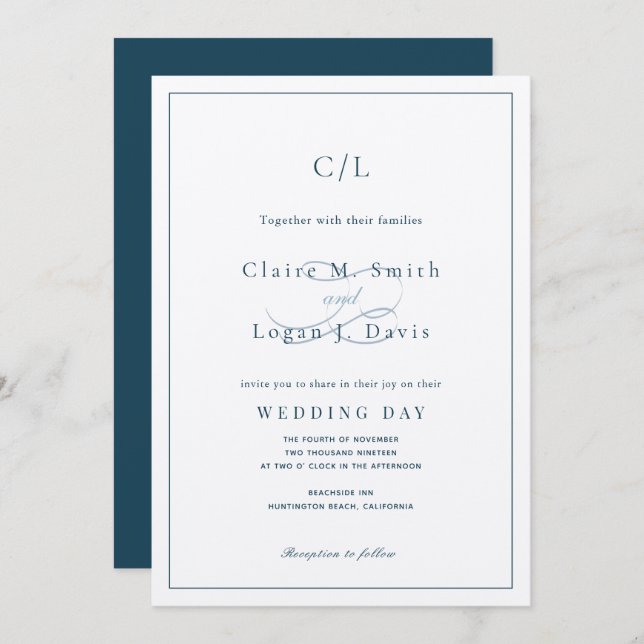 Classic Minimalist Navy Blue Monogram Wedding Invitation (Front/Back)