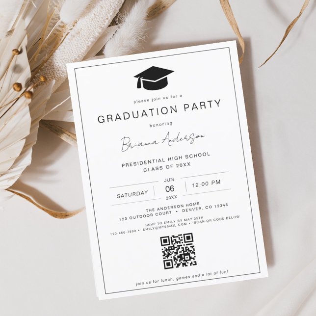 Classic Minimalist QR Code Graduation Party Invitation (Creator Uploaded)