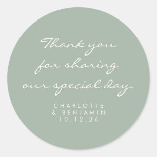 Classic Minimalist Script Sage Thank You Wedding Round Sticker