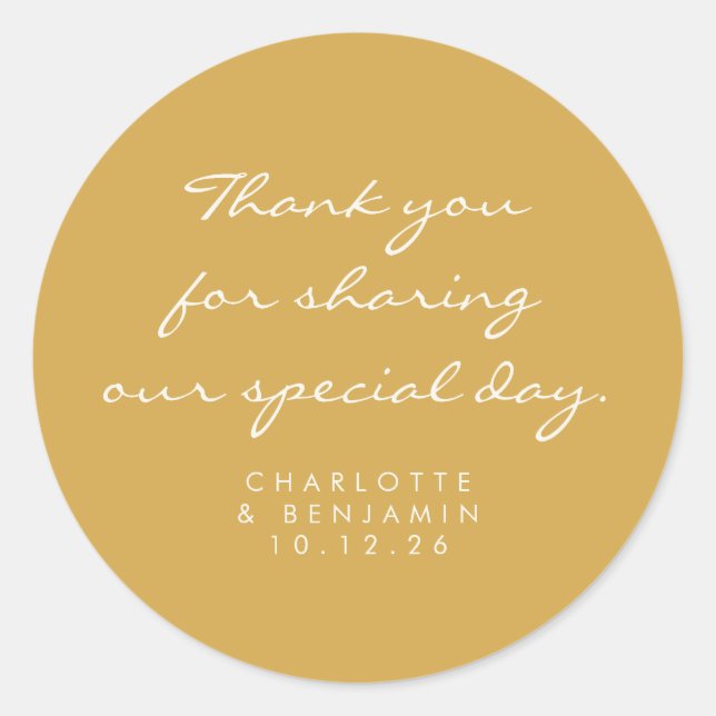 Classic Minimalist Script Yellow Thank You Wedding Classic Round Sticker (Front)