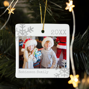 Classic Minimalist Winter Snowflake Border Photo Ceramic Ornament