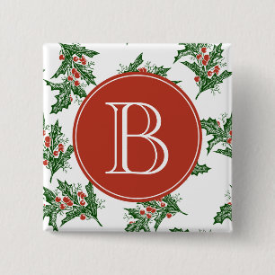 Classic Mistletoe Pattern Holiday Monogram Button