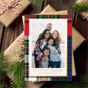 Classic Mixed Tartan + Gold Christmas Photo Foil Holiday Card