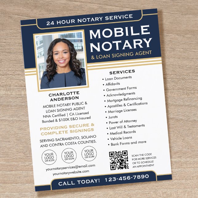 Classic Mobile Notary Flyer QR Code Navy Gold (Creator Uploaded)