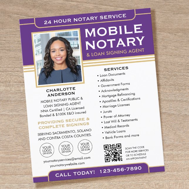 Classic Mobile Notary Flyer QR Code Purple Gold (Creator Uploaded)
