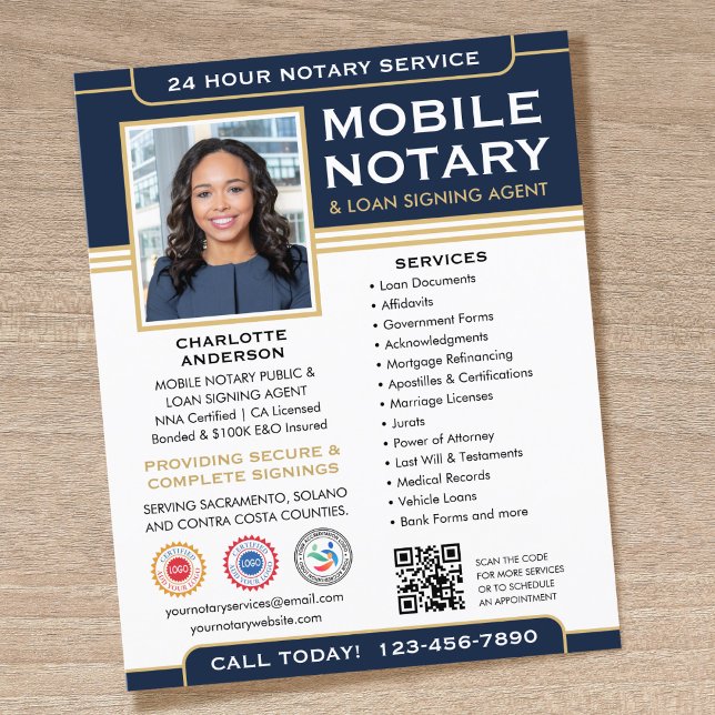 Classic Mobile Notary Public QR Code Navy Blue Flyer (Creator Uploaded)