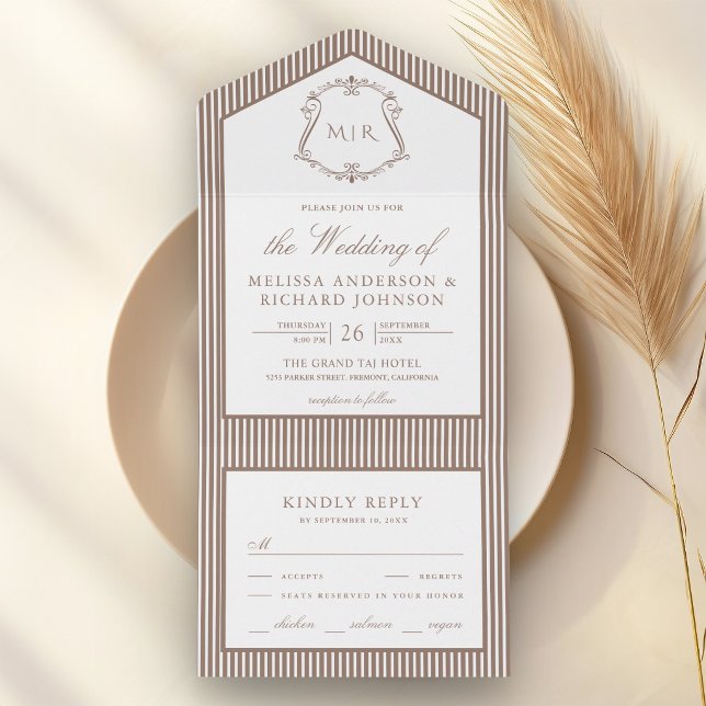 Classic Mocha Brown Striped Crest Monogram Wedding All In One Invitation (Creator Uploaded)