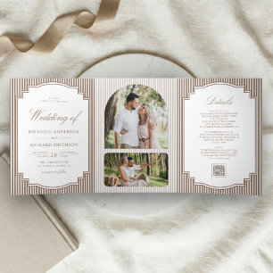 Classic Mocha Brown Striped Photo QR Code Wedding Tri-Fold Invitation