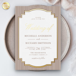 Classic Mocha Brown Striped Photo Wedding Gold