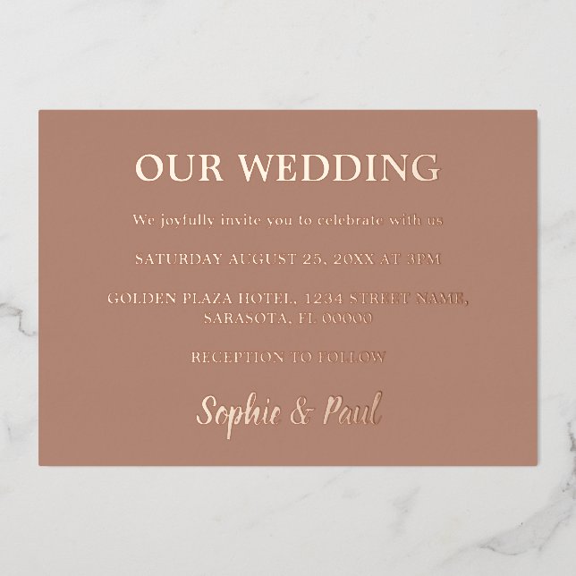 Classic Mocha Wedding Rose Gold Foil Invitation (Front)