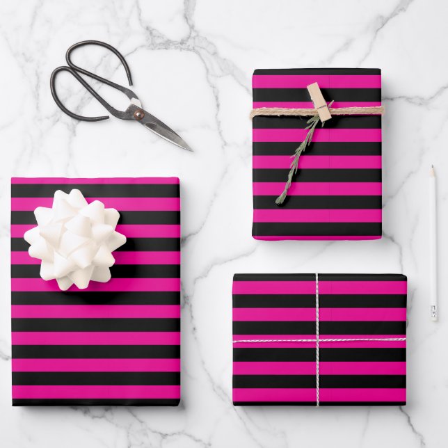 Classic Modern Black and Hot Pink Magenta Striped Wrapping Paper Sheet (Front)
